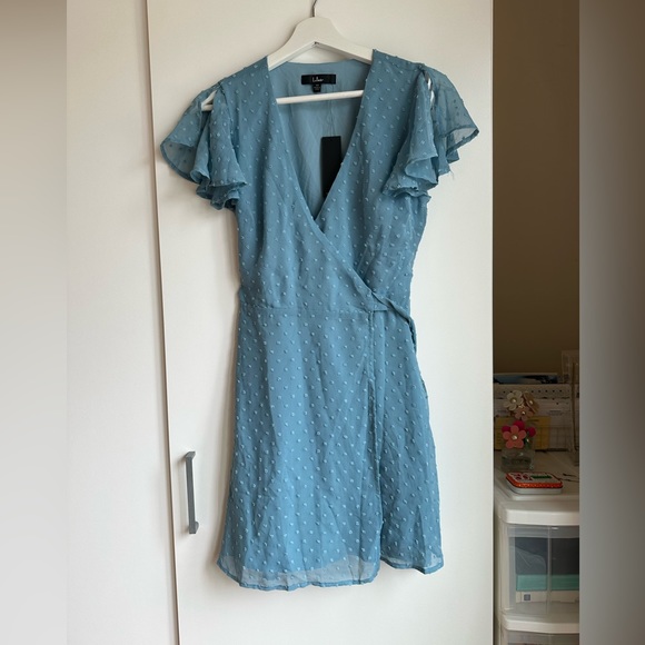 Lulus Cute Blue Swiss Dot Flutter Sleeve Wrap Dress - Picture 2 of 10